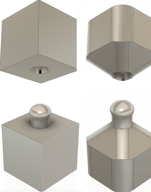 Phase 3 CAD: socket module and ball module, each with a cutaway