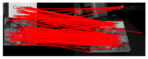 Feature matching between a textbook cover and a photo of the same book on a desk at ratio 0.9, with over a hundred red correspondence lines crossing in every direction and almost none landing on the right point