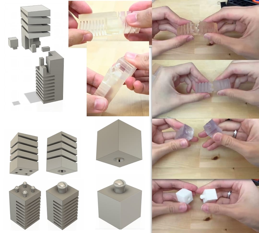 CAD renders and hand-assembly trials across the three manufacturing phases
